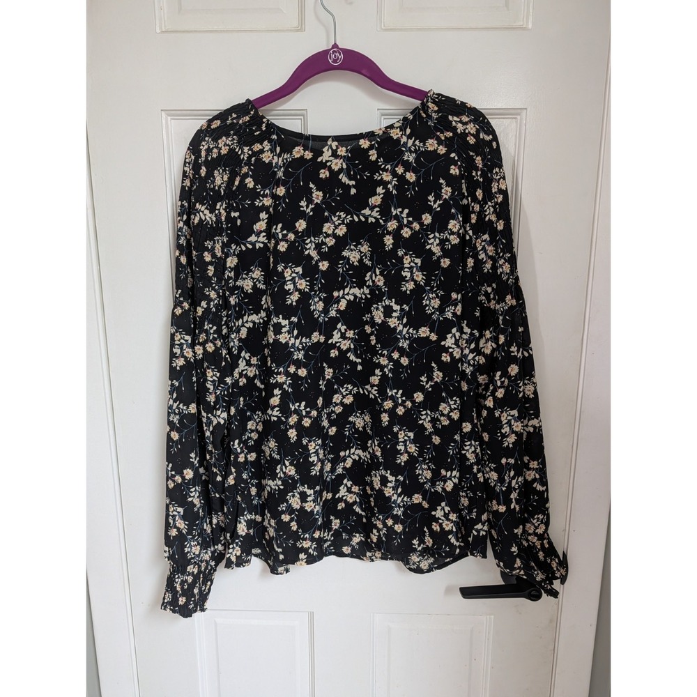 A New Approach Blouse Women XL Black Floral Long Sleeve Hook & Eye Casual